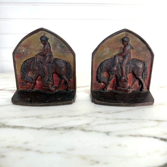 Early 20th Century Cast Iron End of Trail Native American Figural Bookends